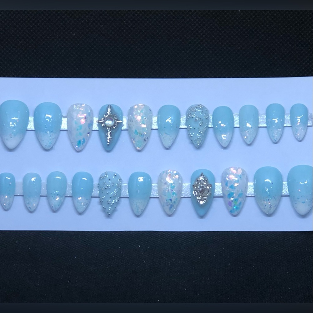 *SOLD* Handmade Custom Press On Nails Short Almond Shape Baby Blue French Tip - Picture 4 of 10
